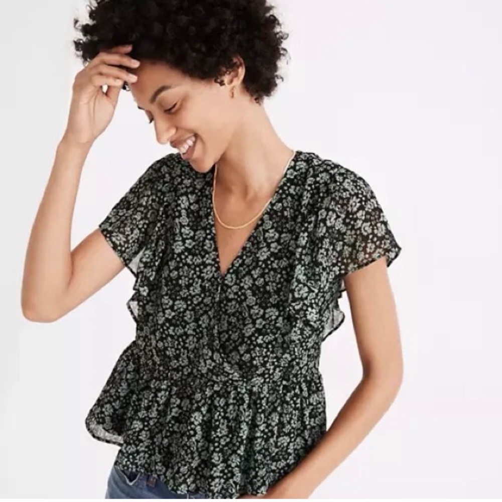 Madewell Floral Ruffle Peplum Top – Black | Size XS | Pre-Owned Good